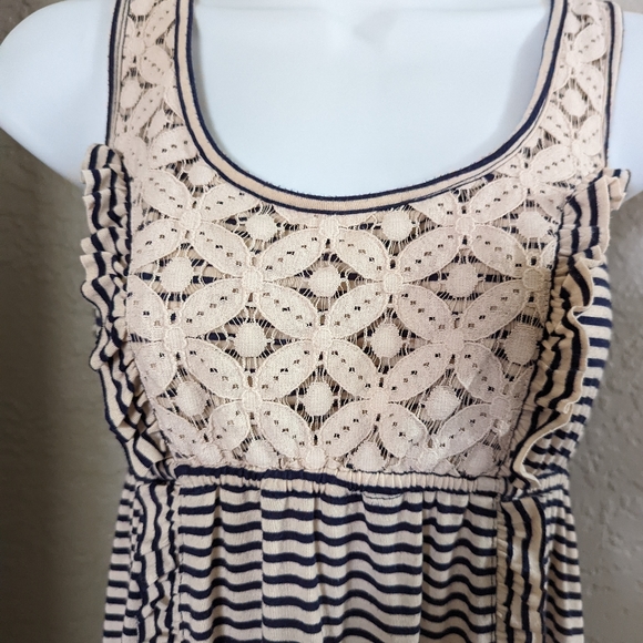 Size Medium Cream And Navy Blue Striped Dress lace and ruffles. Adorable! - Picture 2 of 3
